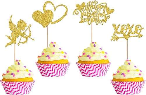 Miniatura 160 de Rsstarxi Paquete de 24 adornos rojos para cupcakes para el día de San Valentín con purpurina de corazón dulce para cupcakes, decoración de pasteles