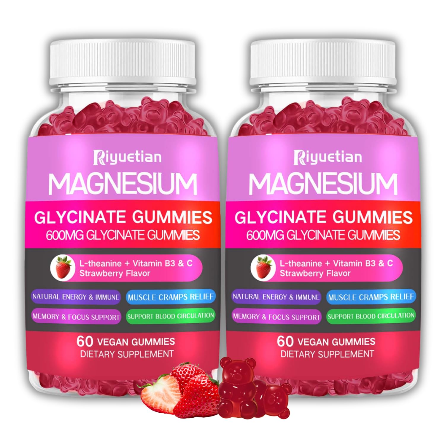 Magnesium Glycinate Gummies 600mg - Sugar Free for Women, Men and Kids - High Absorption, Sensitive Stomach Friendly & Relaxed Nerves - No Gluten, No Allergens - 120 Count 60 Count (Pack of 2)