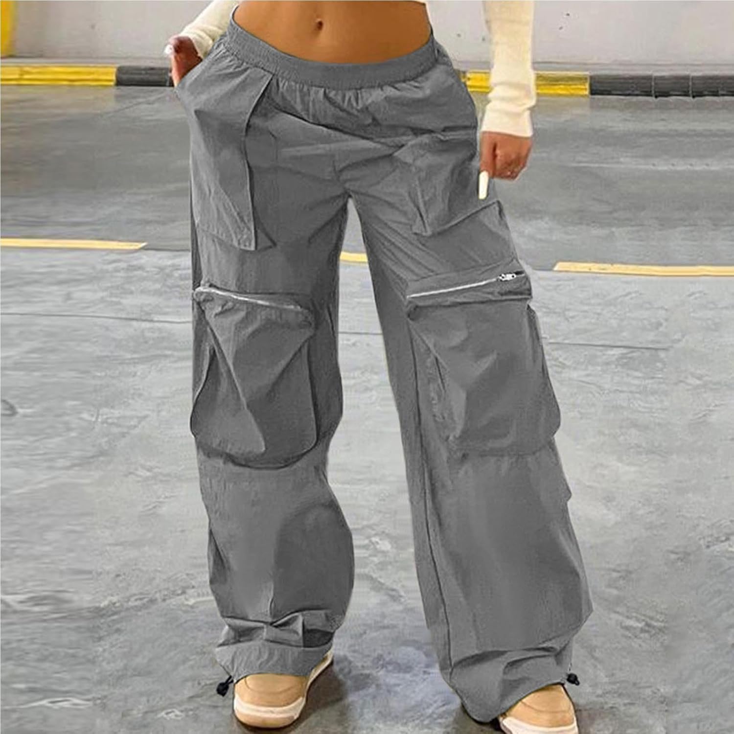 Oplxuo Women Cargo Pants Elastic High Waisted Y2k Wide Leg Baggy Joggers Casual Hiking Pants with Zipper Pockets Streetwear