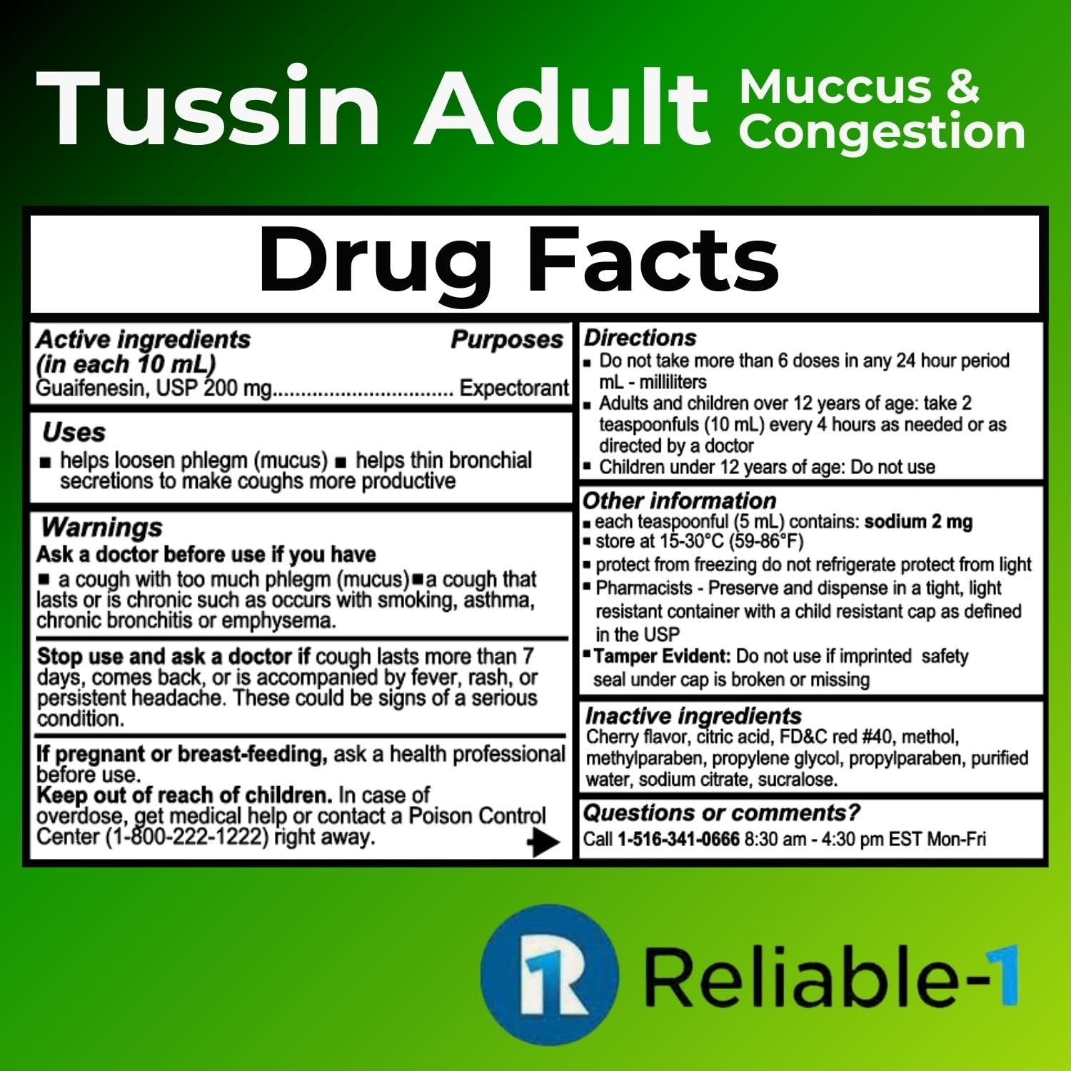 Reliable-1 Laboratories Tussin Adult Strength Mucus & Chest Congestion Relief (Natural Cherry Flavor) Guaifenesin Expectorant Alcohol and Sugar Free Decongestant Liquid to Clear Phlegm — Amazon image 7