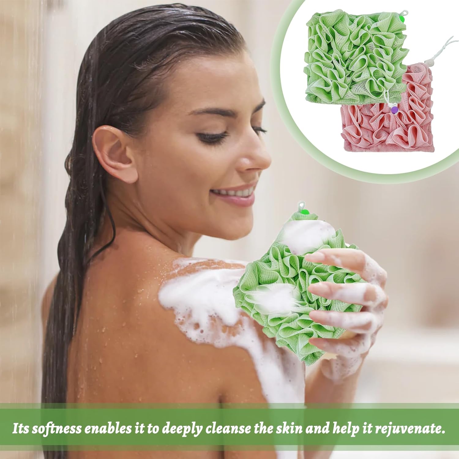 2pcs Loofah Cloth for Bar Soap,2-in-1 Shower Washcloth Loofah Washcloth Pink and Green, Bar Soap Pouch for Cleansing and Smooth Skin - Image 6