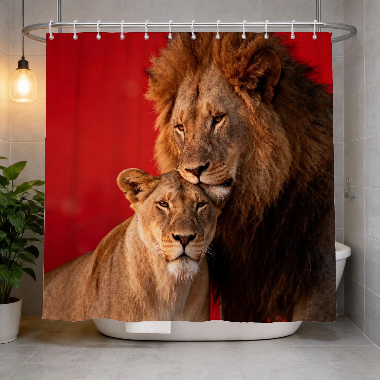 Hongduo 3D Lion Couple Shower Curtain for Stalls Bathtubs African Lion Bathroom Decor Shower Curtain Set Polyester Fabric Waterproof 180x180cm/71X71 Inch with Hooks