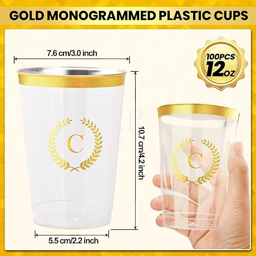 Miniatura 2 de 100 vasos de plástico con monograma de lámina dorada con letra C, vasos desechables de 12 onzas con inicial transparente para boda, cumpleaños, baby