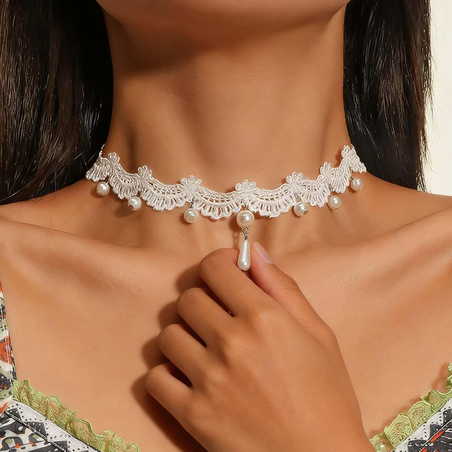 Vintage White Lace Choker Necklace Pearl Lace Tassel Necklace White Wide Laces Necklace Gothic Collar Necklaces Teardrop Pearl Necklaces Jewelry for Women - Image 5