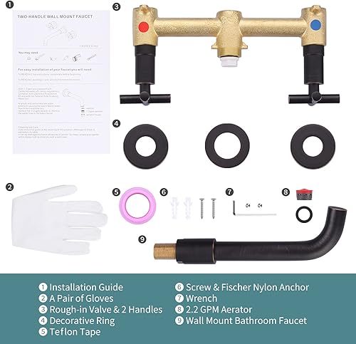 Miniatura 7 de Grifo de baño de bronce aceitado  Grifo de baño ARCORA de montaje en pared, grifo de tocador de 2 manijas en bruto en válvula incluida