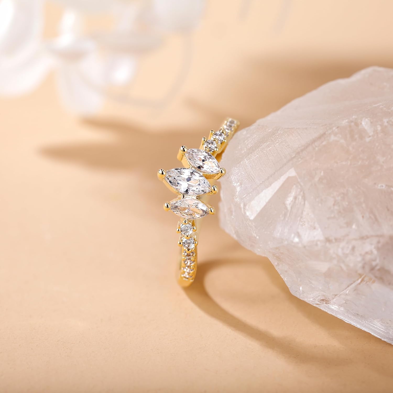 SHINYSO 14K Gold Plated Wedding Band for Women Thin Stackable Ring Dainty Curved Marquise Cubic Zirconia Eternity Engagement Promise Ring Size 4-10 - Image 3