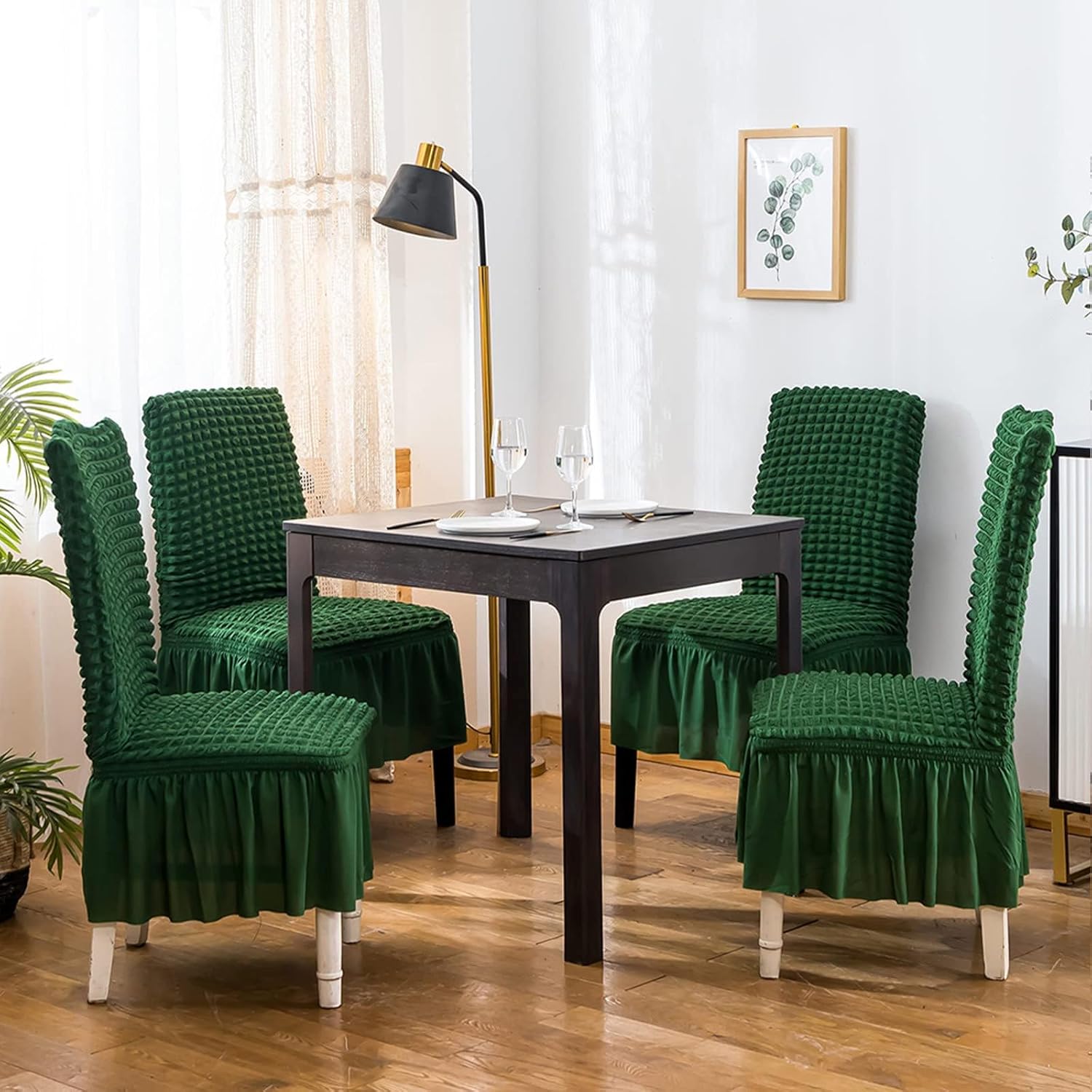 Qubjus Chair Covers for Dining Room Set of 6 Stretch Chair Slipcovers with Skirt Removable Washable Kitchen Chair Protector Cover Set for Home, Party, Wedding(Green, 6pcs)
