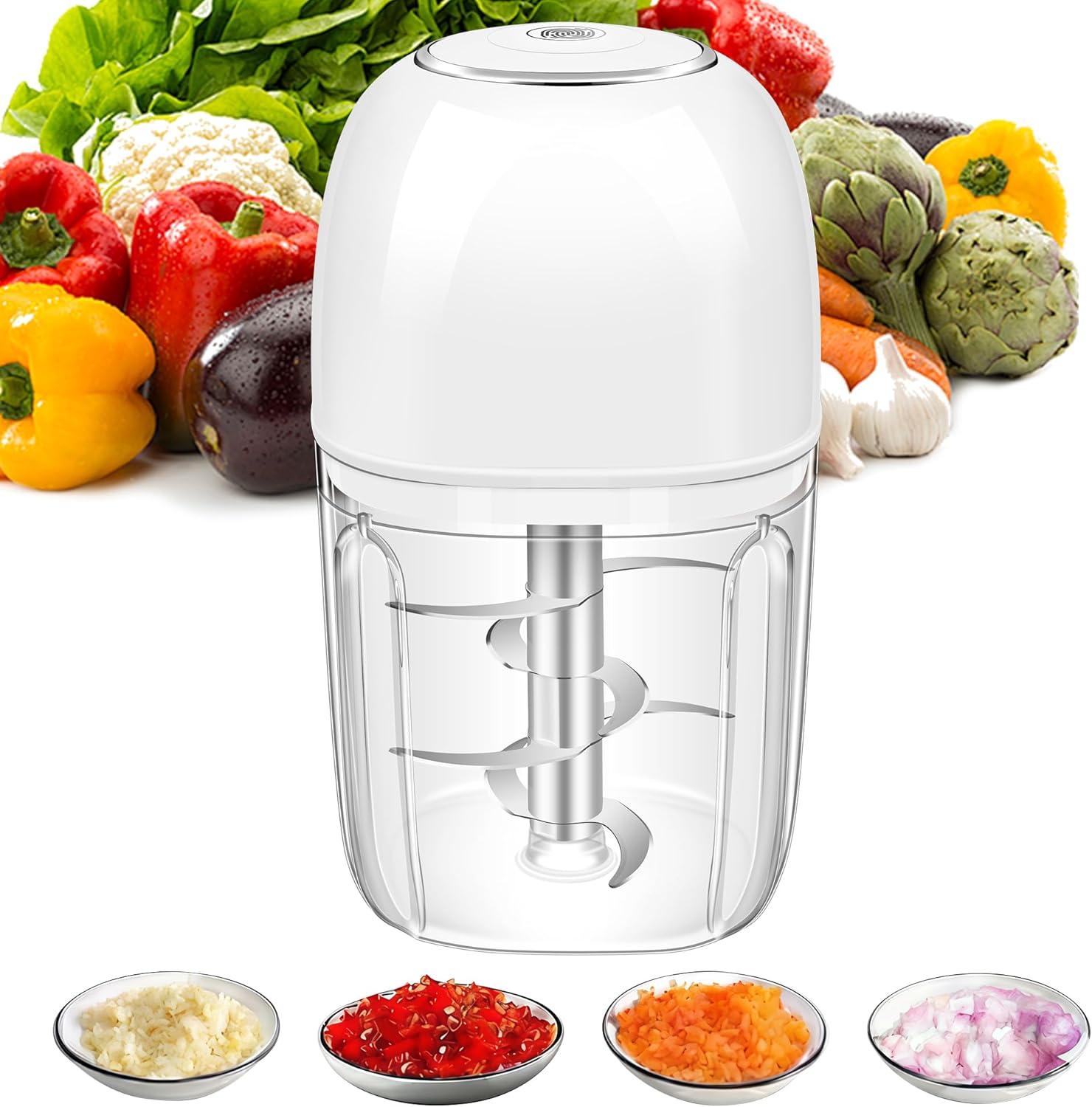 Electric Garlic Chopper, 1.8 Cup Mini Garlic Mincer Food Chopper Portable, Small Food Processor with USB Charging for Onion, Chili, Ginger, Veggie, Meat (450ML)