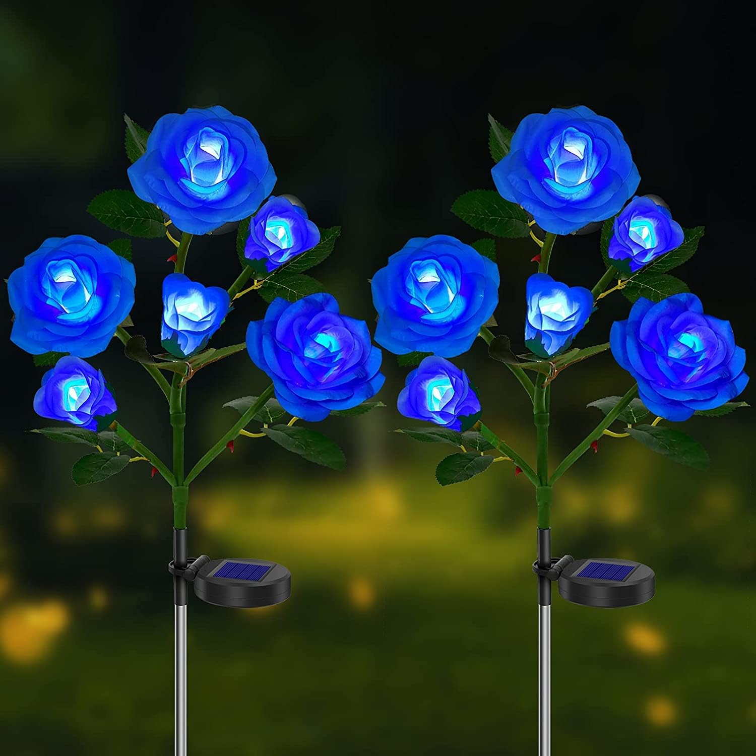 SKADE Solar Flower Lights Outdoor Garden, 2 Packs Solar Garden Stake Lamps with 12 Rose Flower Waterproof Decorative Lights for Lawn Patio Yard Decoration (Blue)