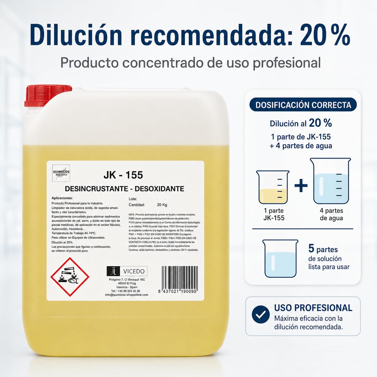 JK-155 Desoxidante y Desincrustante de Cal Concentrado 20 kg para Ultrasonidos e Inmersión, Elimina Óxido y Depósitos Calcáreos en Superficies Metálicas.