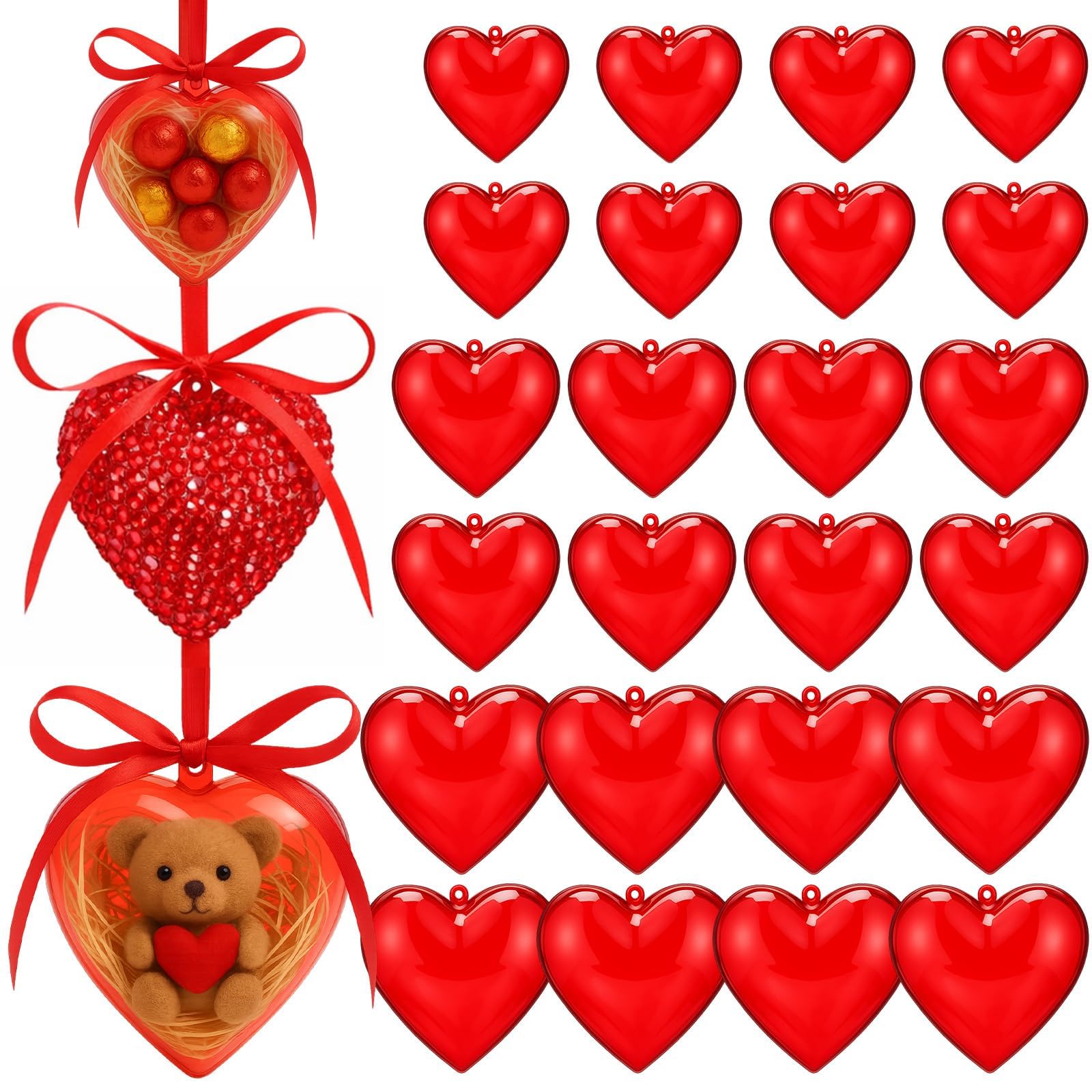 Photo 1 of Novabright 24 Pcs Red Plastic Fillable Heart Ornament Valentine Heart Filled Candy Box Case Valentines Day Hanging Ball with Ribbon Exchange Gift DIY Craft Without Diamond(65/80/100mm)