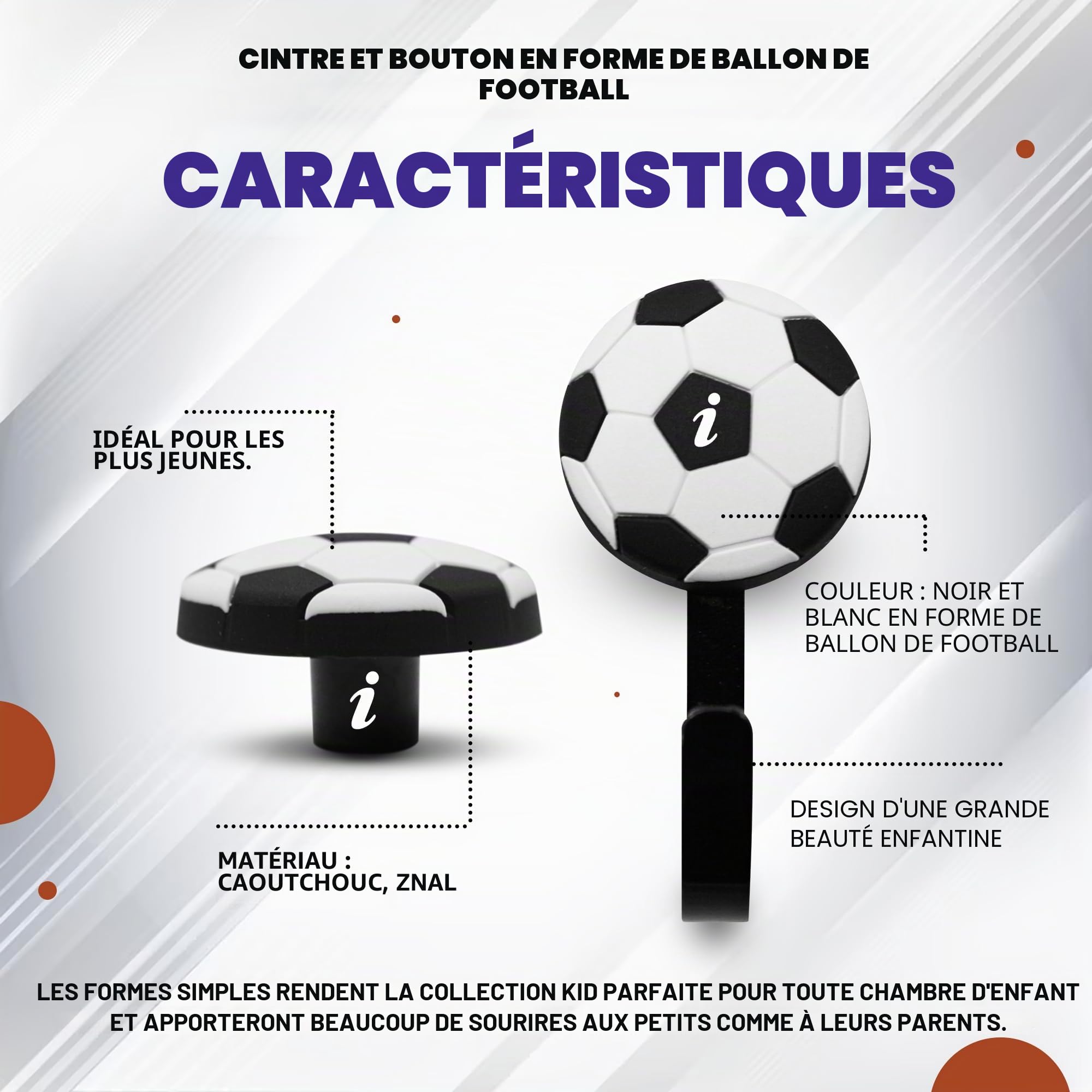 DOJA Barcelona | Porte Manteau et Bouton de Tiroir Enfant | 8 Crochets et 8 Boutons Forme Football | Caoutchouc et Zinc-Aluminium | pour Decoration Chambre, Porte Manteau Mural