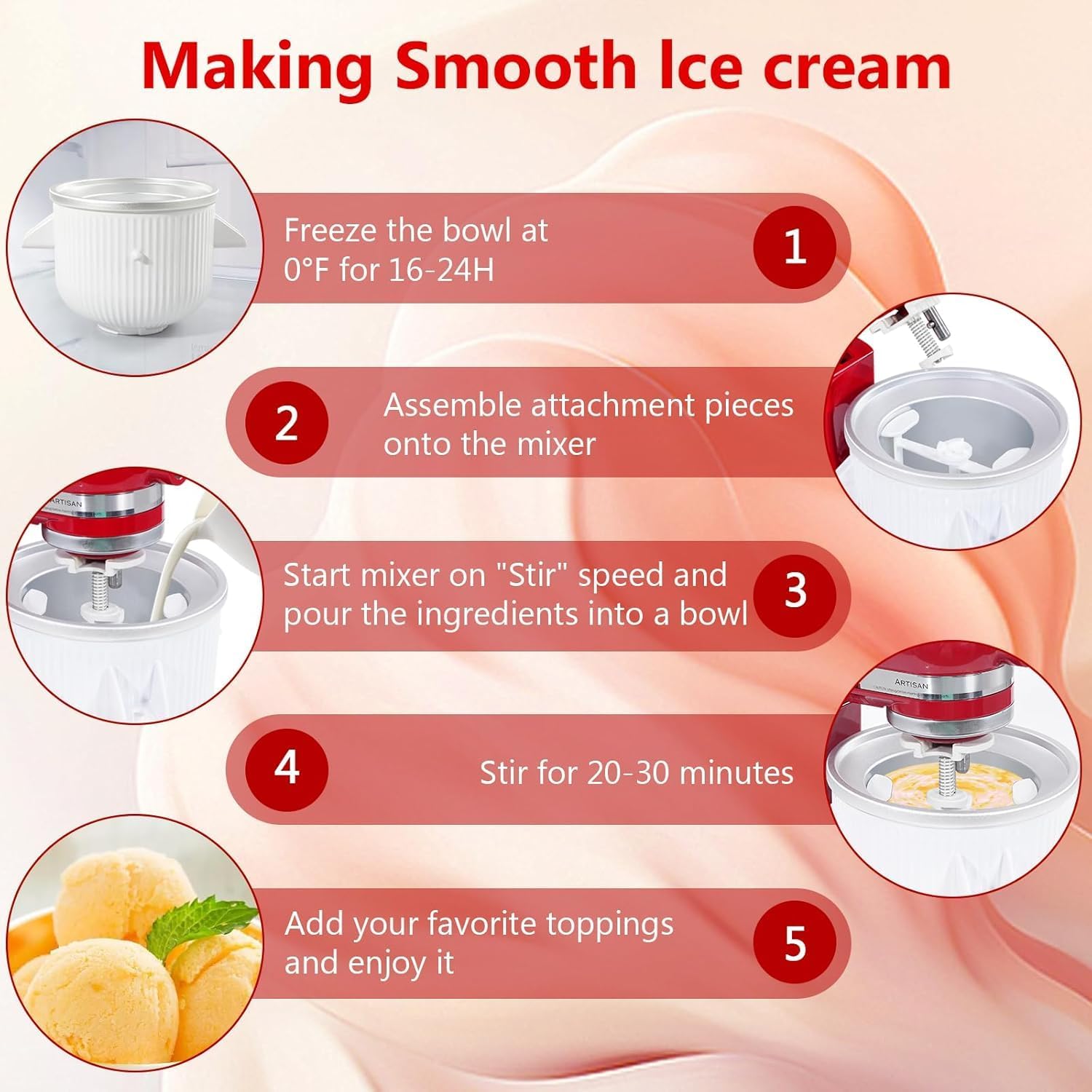 Ice Cream Attachment for Kitchen aid Mixer & Silicone Bowl Covers, 2 Quart Frozen Yogurt - Ice Cream & Sorbet Gelato Maker Bowl with Lid, Fits 4.5 qt and Larger Mixers, White