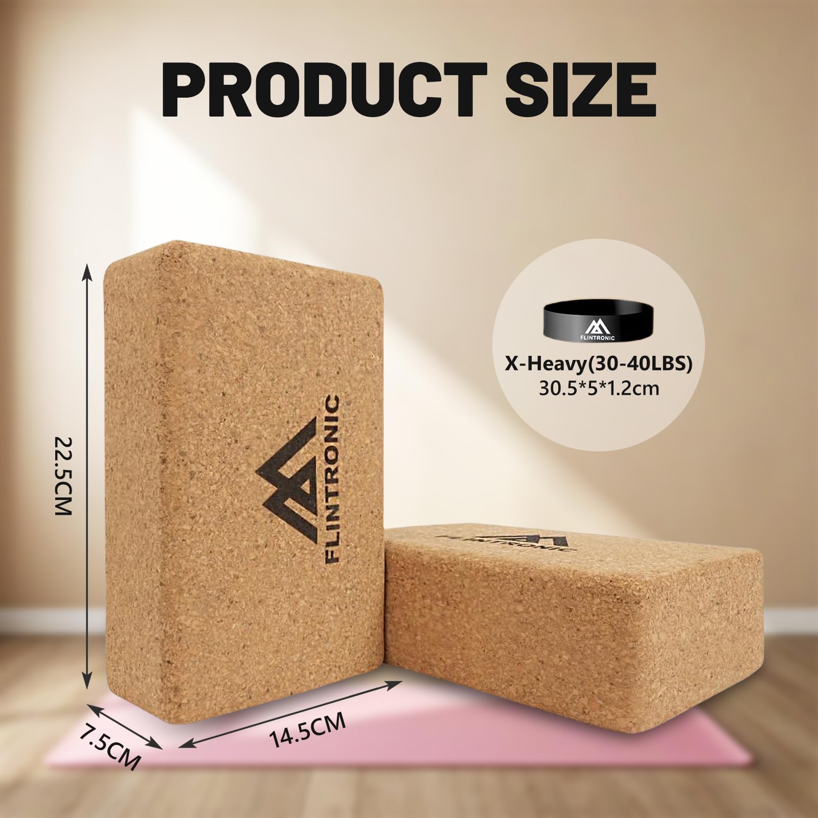 Flintronic Yogablock aus Kork 2er Set, 100% Natur Yoga Block Kork, Korkblock Yogablöcke Umweltfreundlich Nachhaltig Naturkork, Yogaklotz für Yoga Pilates Fitness - mit 1 Widerstandsband
