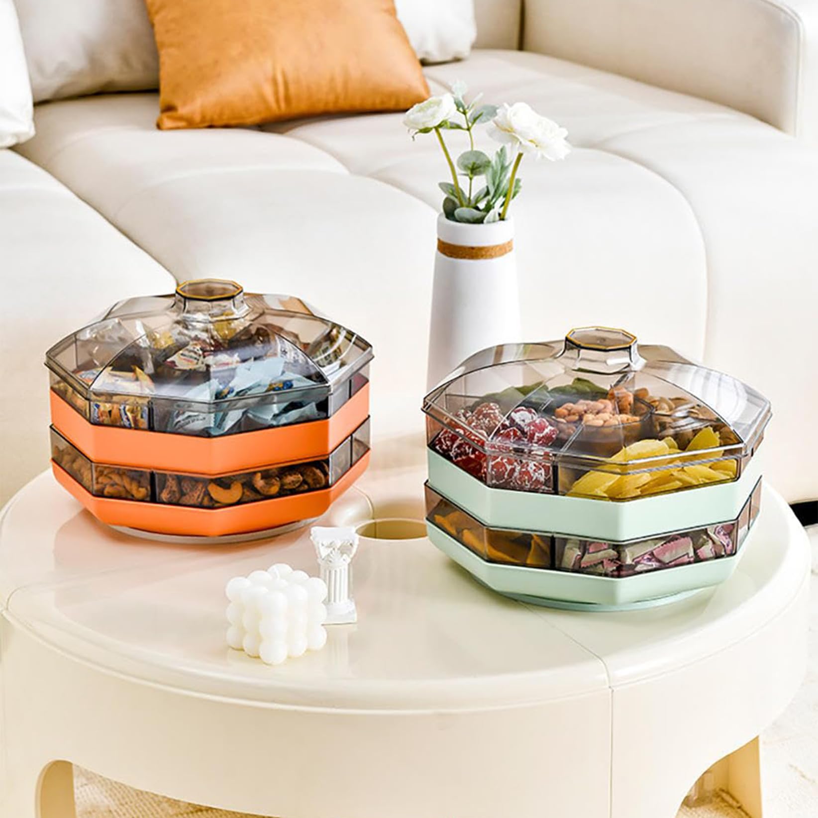 Plateau à fruits rotatif double couche avec couvercle – Plateau de service divisé pour fruits, noix, fruits secs et apéritifs – Design blanc élégant pour fêtes et rassemblements
