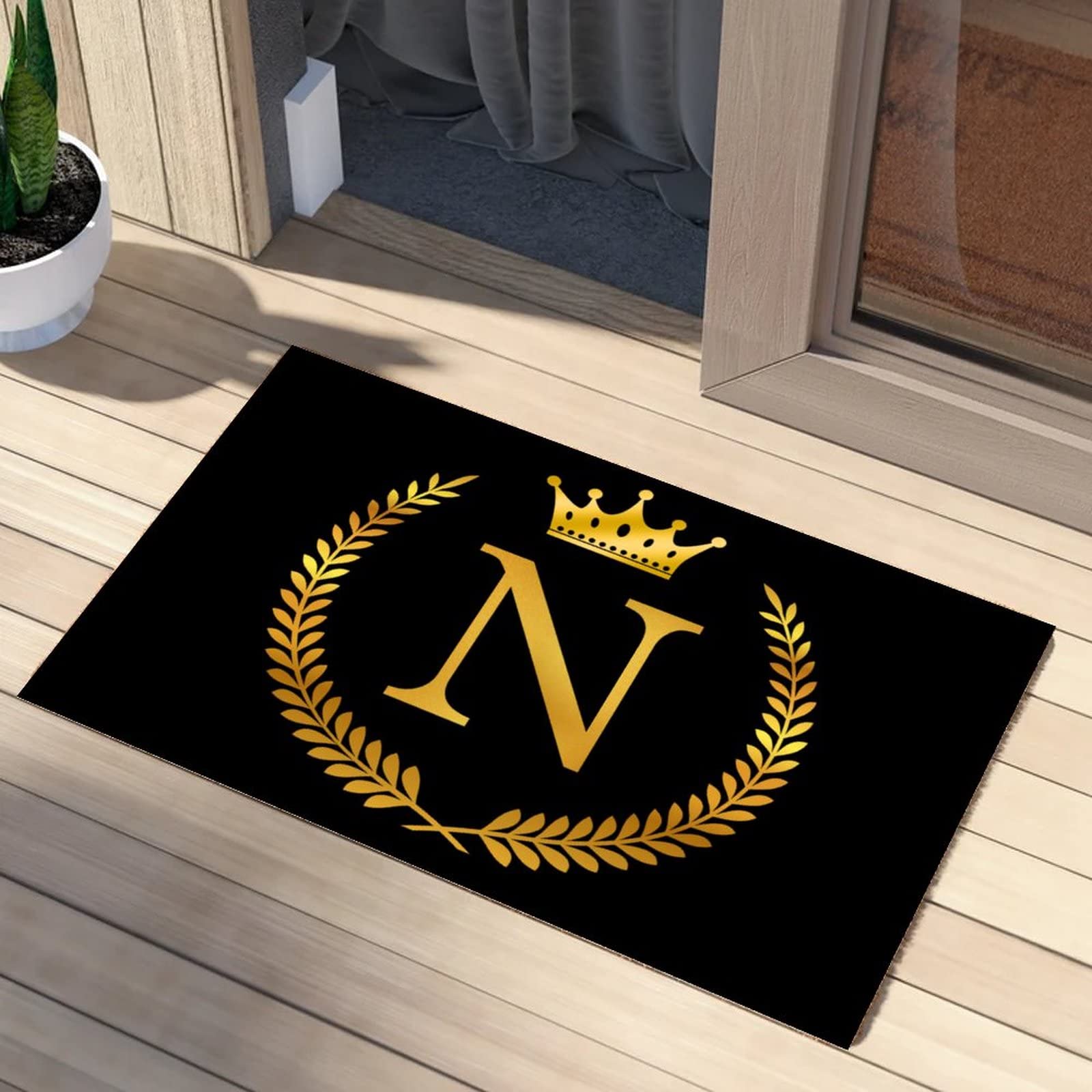 Couronne botanique personnalisée lettre N dorée tapis extérieur lavable