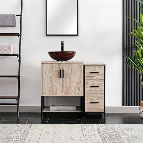 eclife Lavabo de tocador de baño de 36 pulgadas, gabinete moderno de metal con estante inferior y gabinete lateral de almacenamiento, fregadero