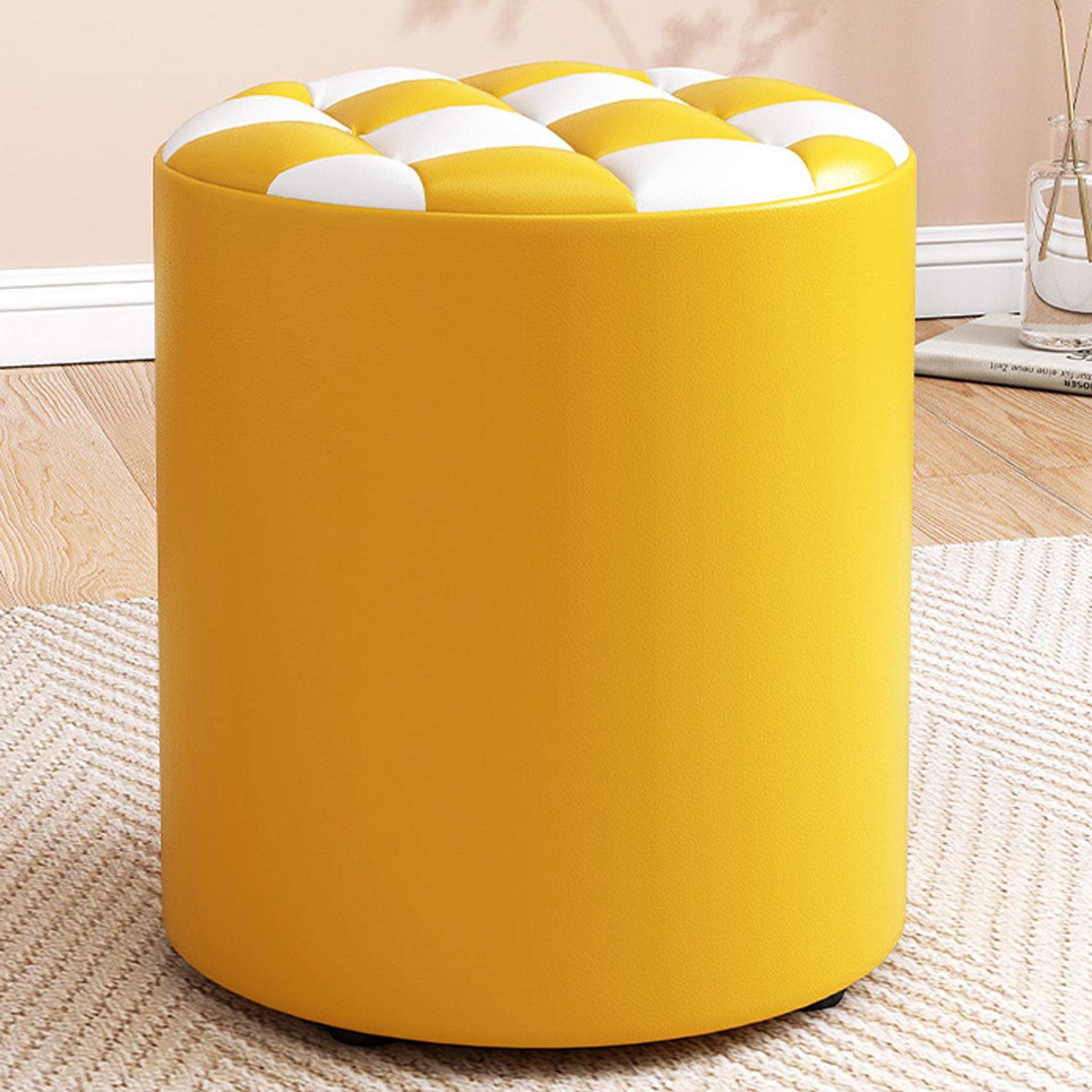 LMMIAOZ Round Leather Footstool for Living Room and Bedroom Yellow and White 31x35cm