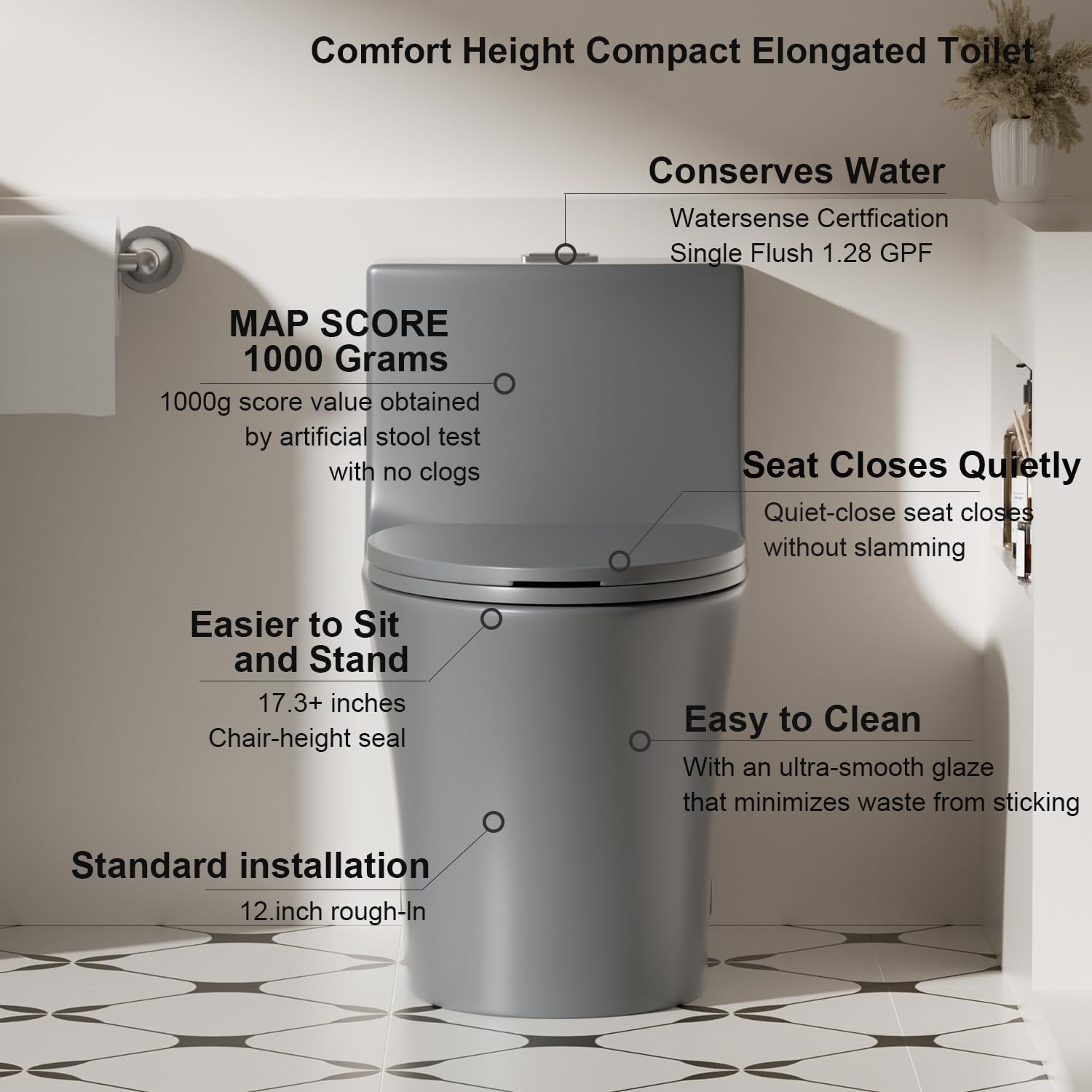Elongated One Piece Toilet with Comfort Chair Seat ADA Height 17.3", Powerful Dual Flush 0.8/1.28 GPF Compact Toilet, Modern Toilets for Bathroom, 12" Rough-In, MAP 1000g, Gray Toilet Bowl