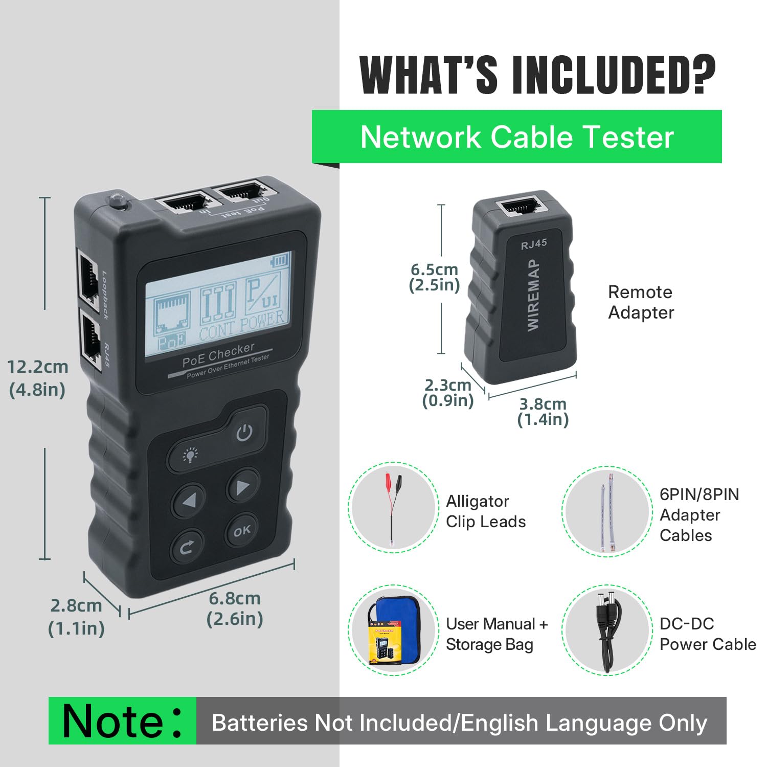Tester sieci z PoE, tester kabli sieciowych RJ45 z wyświetlaczem LCD do stanu poprzecznego i przerwania kabli sieciowych Cat5/Cat6, test napięcia i prądu