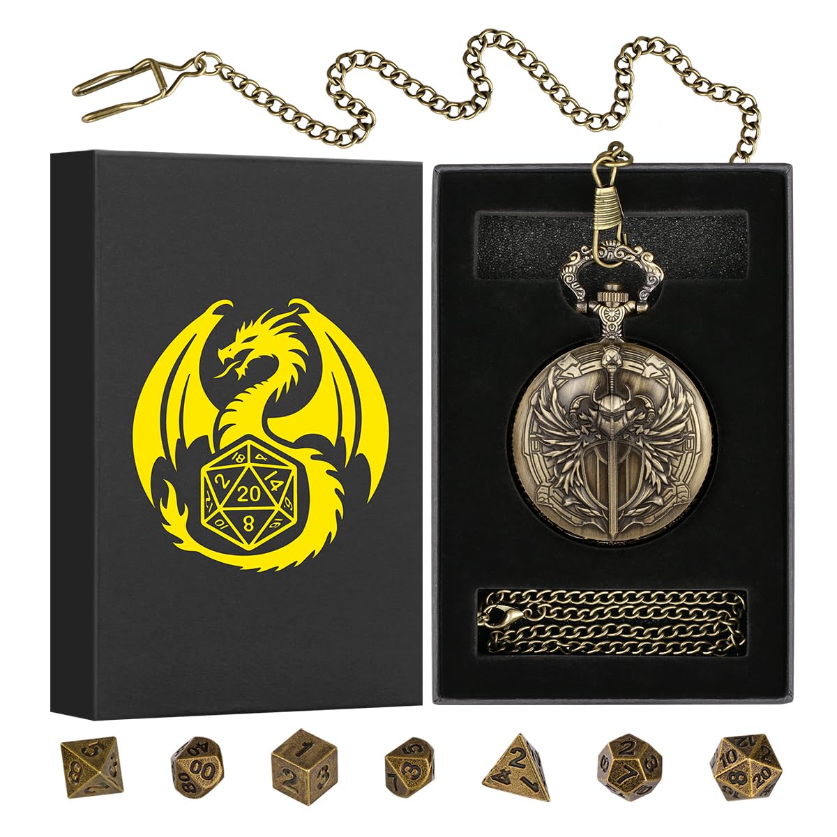 Mini DND Dice Set including Steampunk Paladin Pocket Watch Shell Case, DND Starter Set, 7pcs Polyhedral Mini Metal Dice Set - Image 2