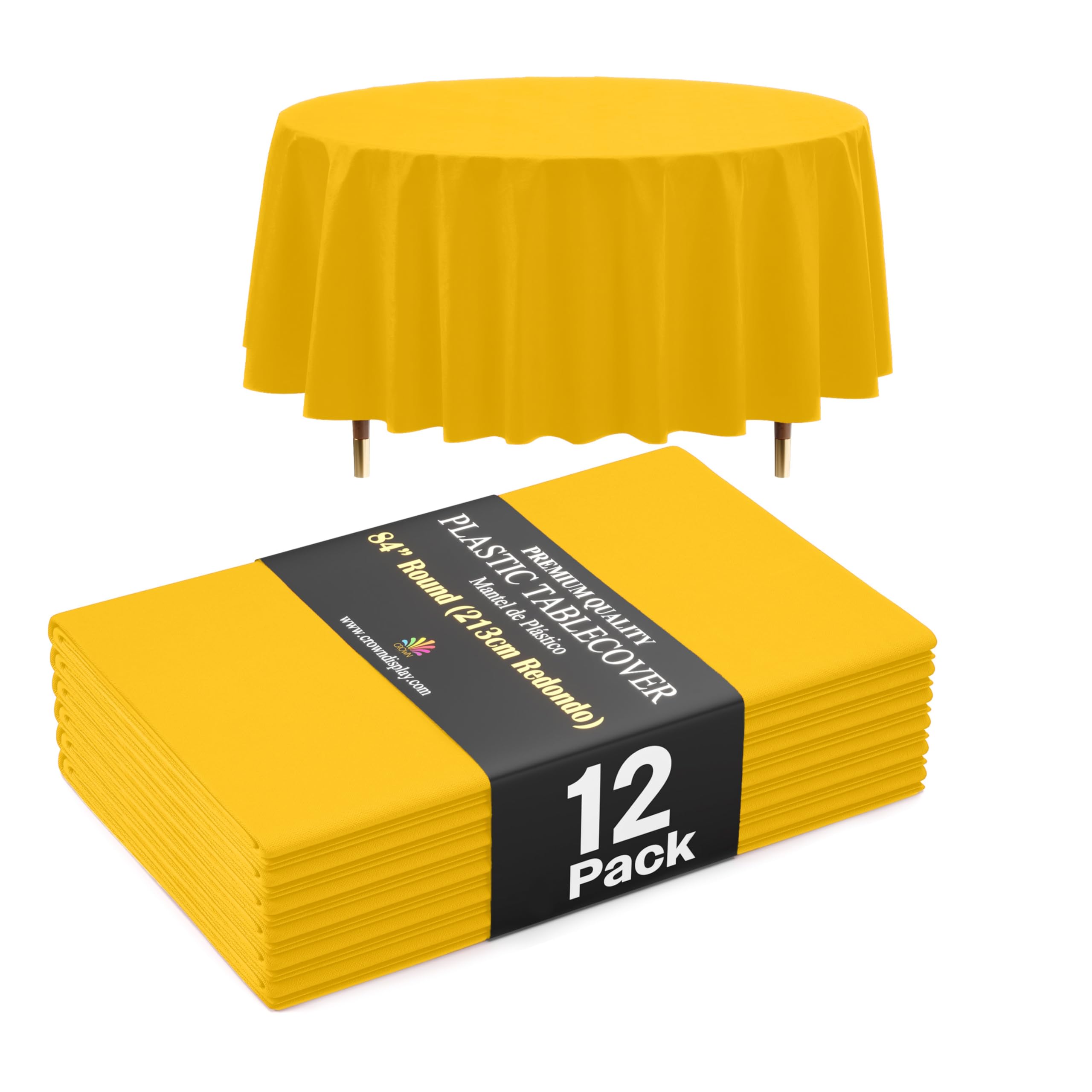 Exquisite 66% Thicker Premium Yellow Round Tablecloth 0.5 Mil 12 Pack Plastic Table Cloth 84 Inch Round Plastic Tablecloth Won't Tear Easily Like Cheap Thin Brands