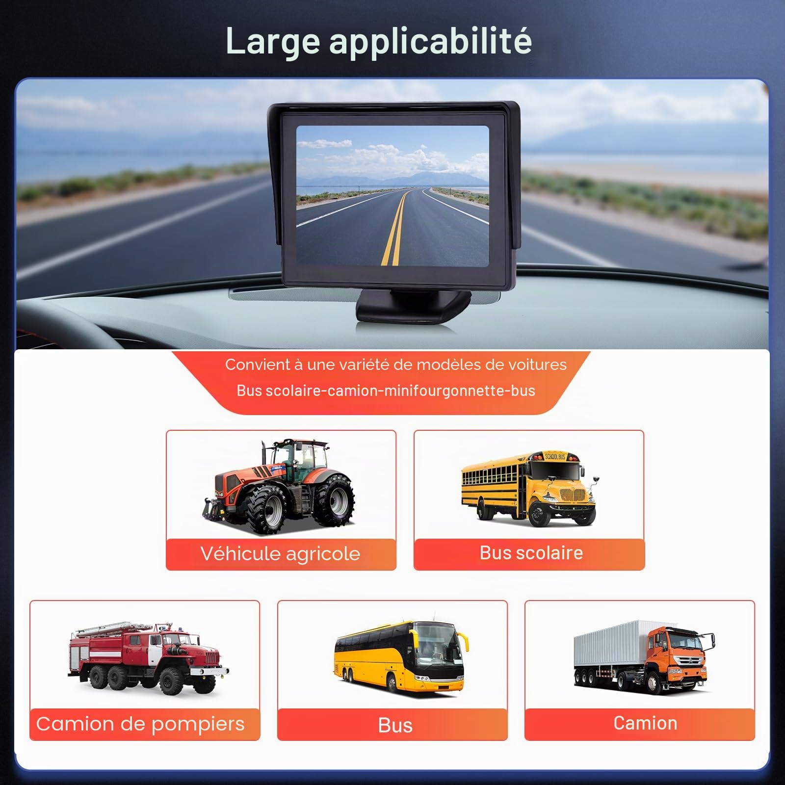 Rimoody Camera de Recul, Caméra de Recul pour Voiture avec Bonne Vision Nocturne Caméra Etanche 4.3 Pouces LCD Moniteur pour Camping Car/Camion/RV/Remorques/Agricole/SUV/Pick-up avec 10m Câble 12V-24V