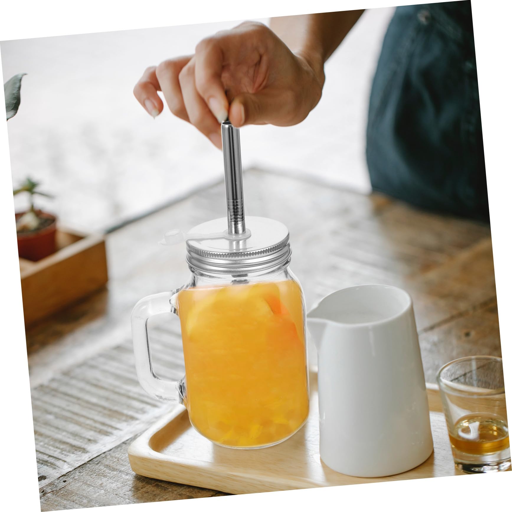 Uonlytech Vasos de Vidrio Capacidad 650ml Juego de 2 con Pajita y Tapa para Almacenar Jugo y Yogur, Diseño de Fondo Plano y Acero Inoxidable