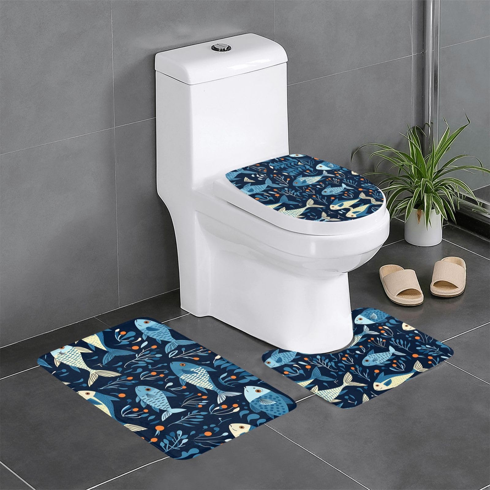Tapis de salle de bain antidérapants bleu lot de 3 sécurité WC douche