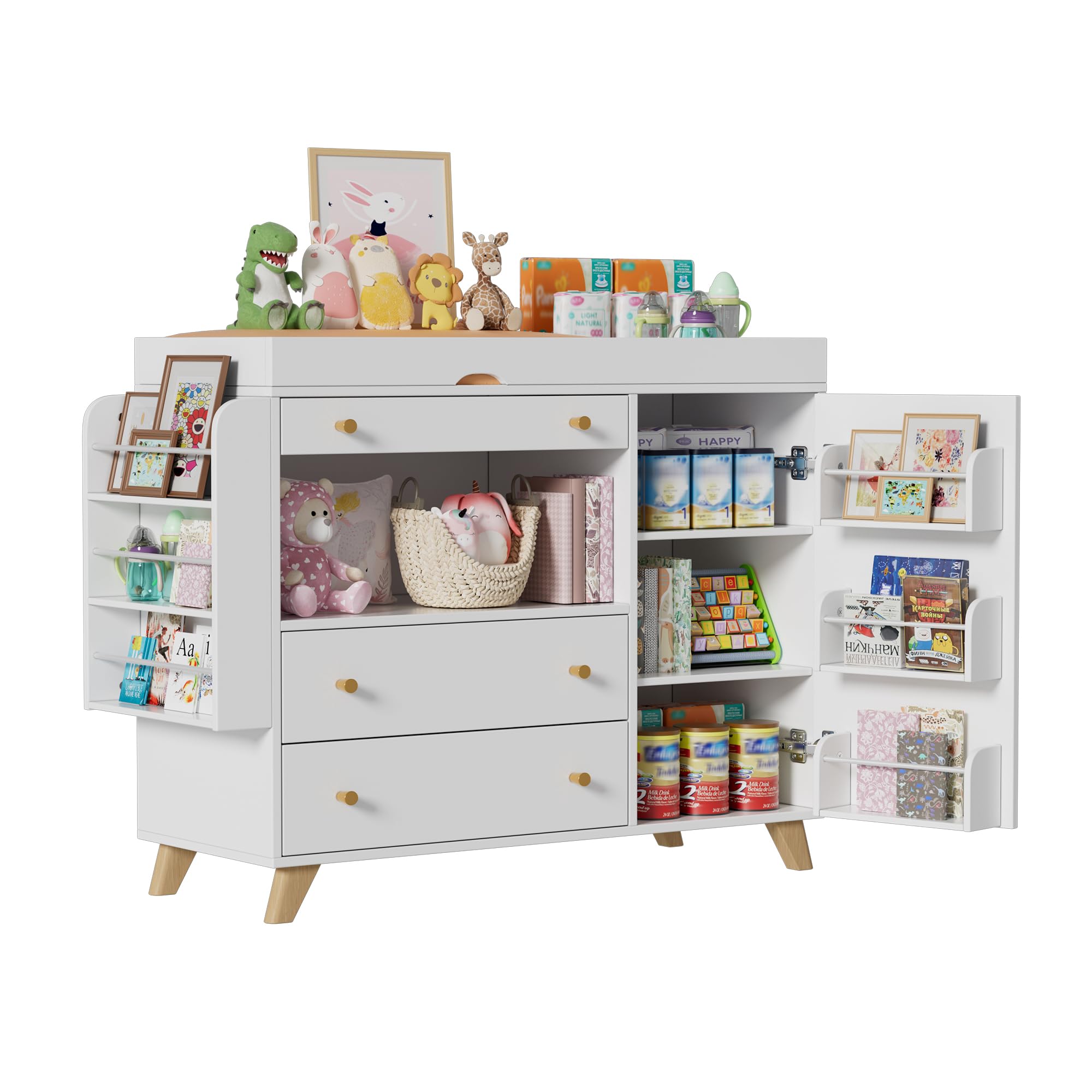Fasciatoio con Divisorio Rimovibile, Cassettiera per Bambini con 3 Cassetti, Fasciatoios Cassetton, Mobile Fasciatoio per Bambini,110 x 100 x 40 cm, fino a 100KG, Non include il cuscino,Grande Capacit