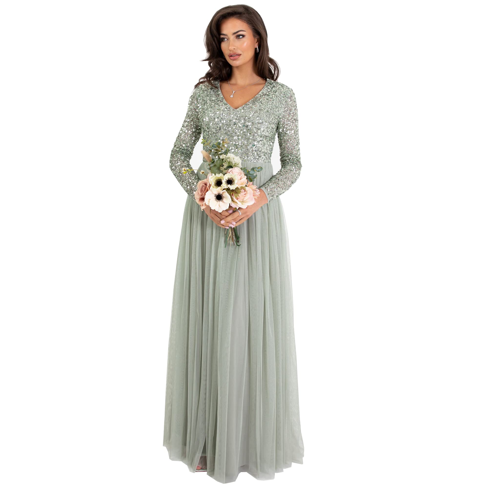 Maya Deluxe Women's Maxi Dress with Sleeves, V-Neck and High Empire Waist, Long Dress for Wedding Guest, Evening, Bridesmaid, Prom