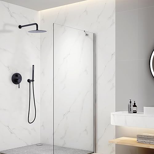 Miniatura 13 de Sistema de ducha de 10 pulgadas, juego de grifo de ducha dorado cepillado de latón de montaje en pared, cabezal de ducha de lluvia de alta presión