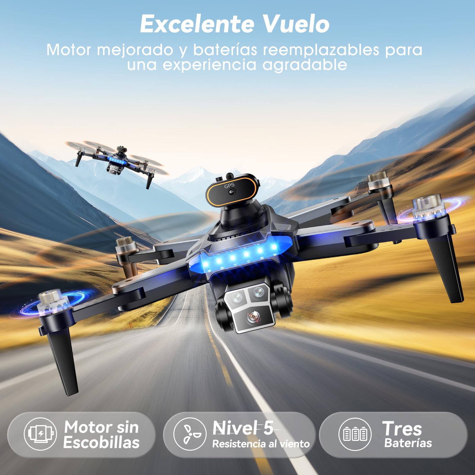 Dron con Cámara 4K GPS para Adultos y Principiantes, 54 Min Vuelo (3 Baterías), Motor Sin Escobillas, Cámara Ajustable 90°, Retorno Automático, Plegable <249g(Negro)(estándar)