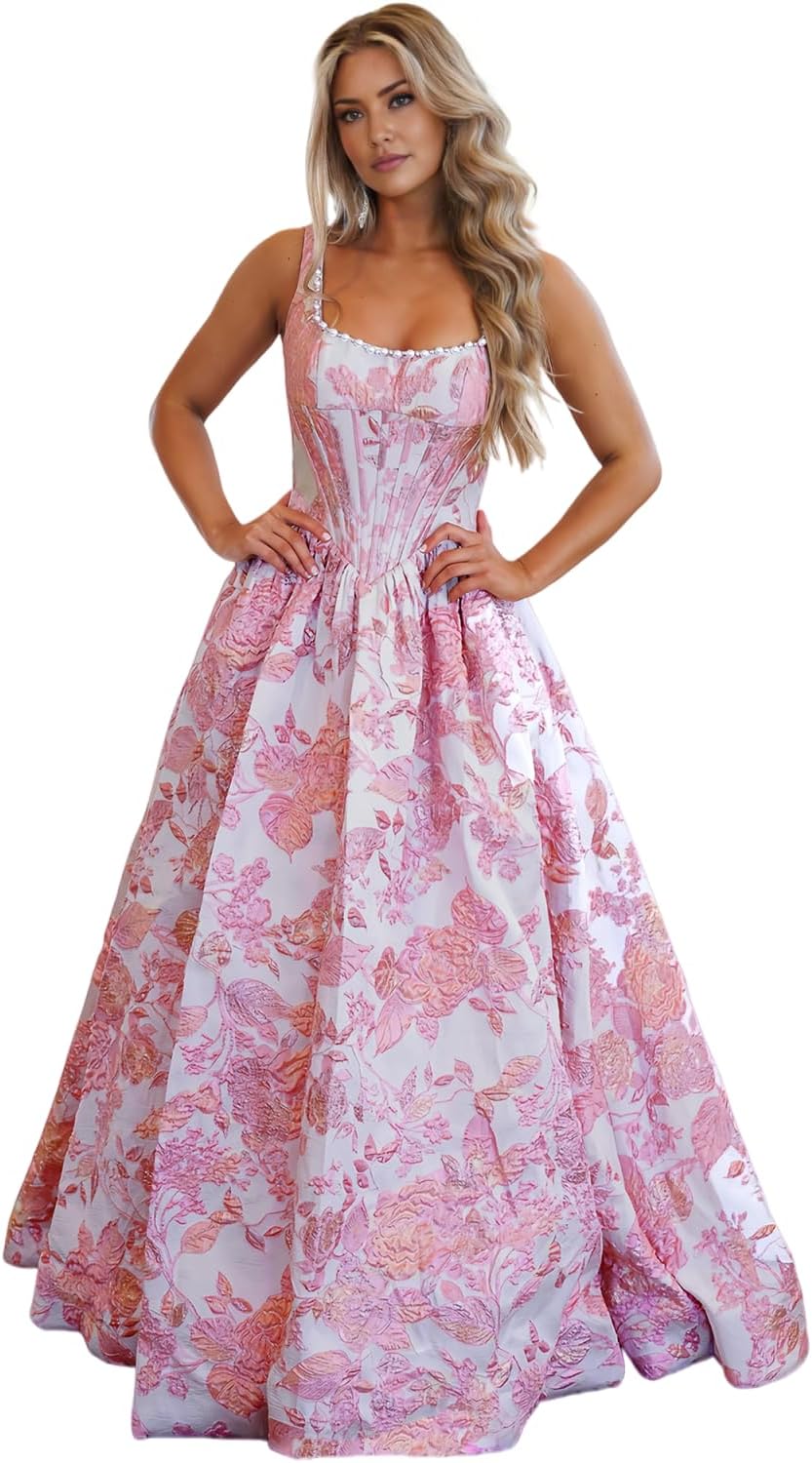 Jacquard Satin Prom Dresses for Teens Long Square Neck Corset Princess Formal Evening Gown