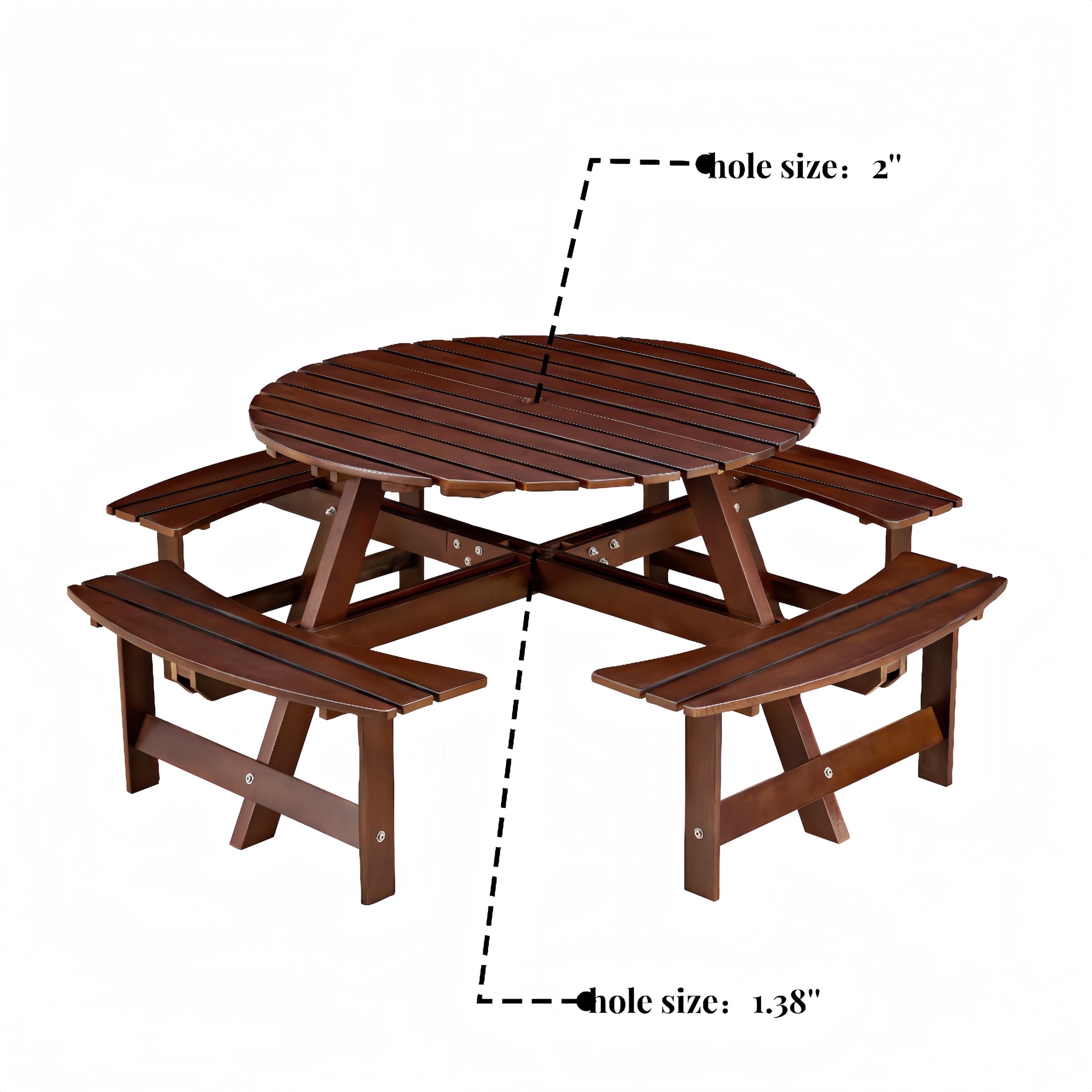 Ensemble table de salle à manger ronde en bois pour 8 personnes avec 8 chaises et bancs intégrés, trou pour parasol, idéal pour les réunions de jardin et de jardin