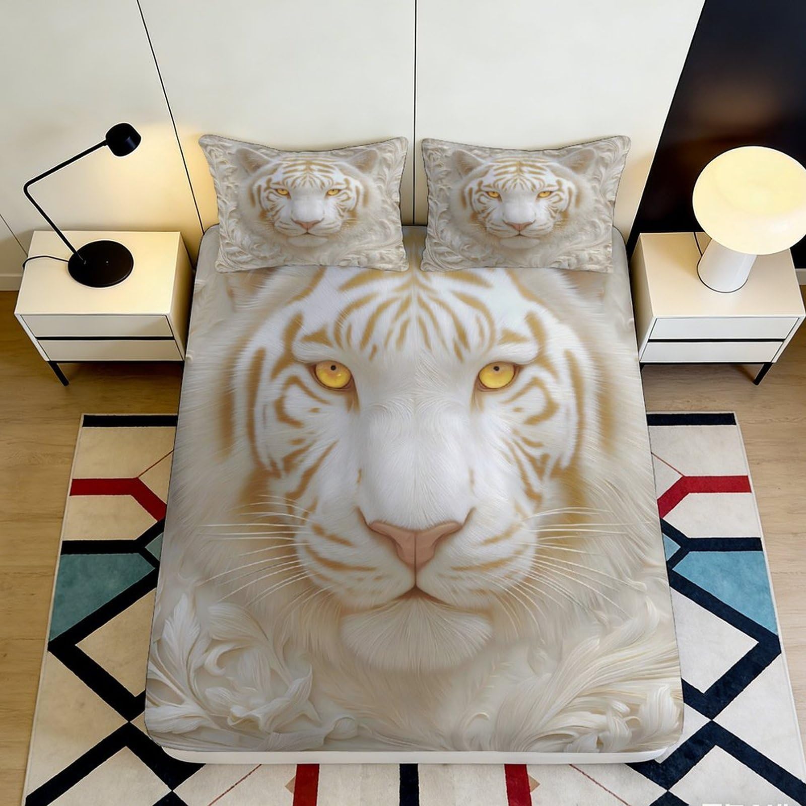 3D Printed majestic white tiger fitted sheet, soft touch microfiber, wrinkle resistant, home decor piece, apartment bedding, stylish bedroom accent, protective mattress cover 90x200x25cm