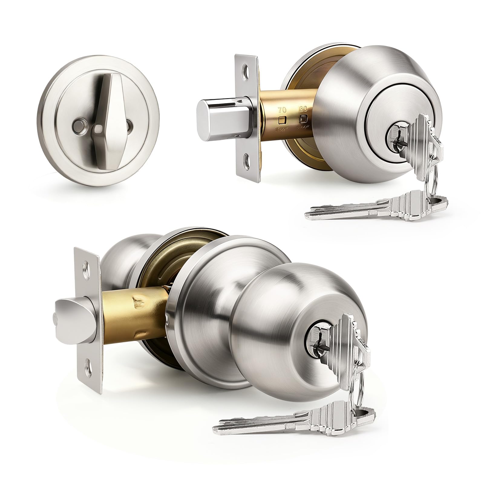 Knobonly 1 pomo de puerta exterior con llave igual, cerradura redonda para exteriores con cerrojo de una cara, níquel satinado, acero inoxidable