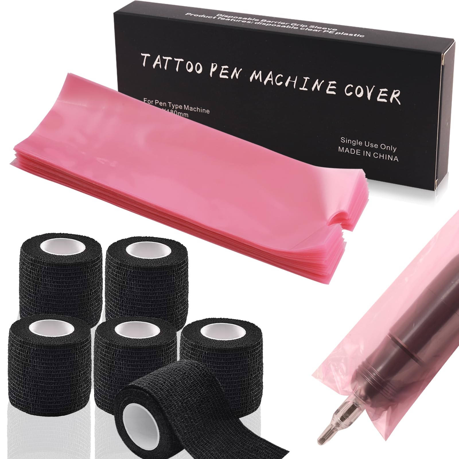 Emalla 200 bolsas para tatuajes y bolígrafos de tatuaje y 6 unidades de cinta adhesiva para lápices de máquina