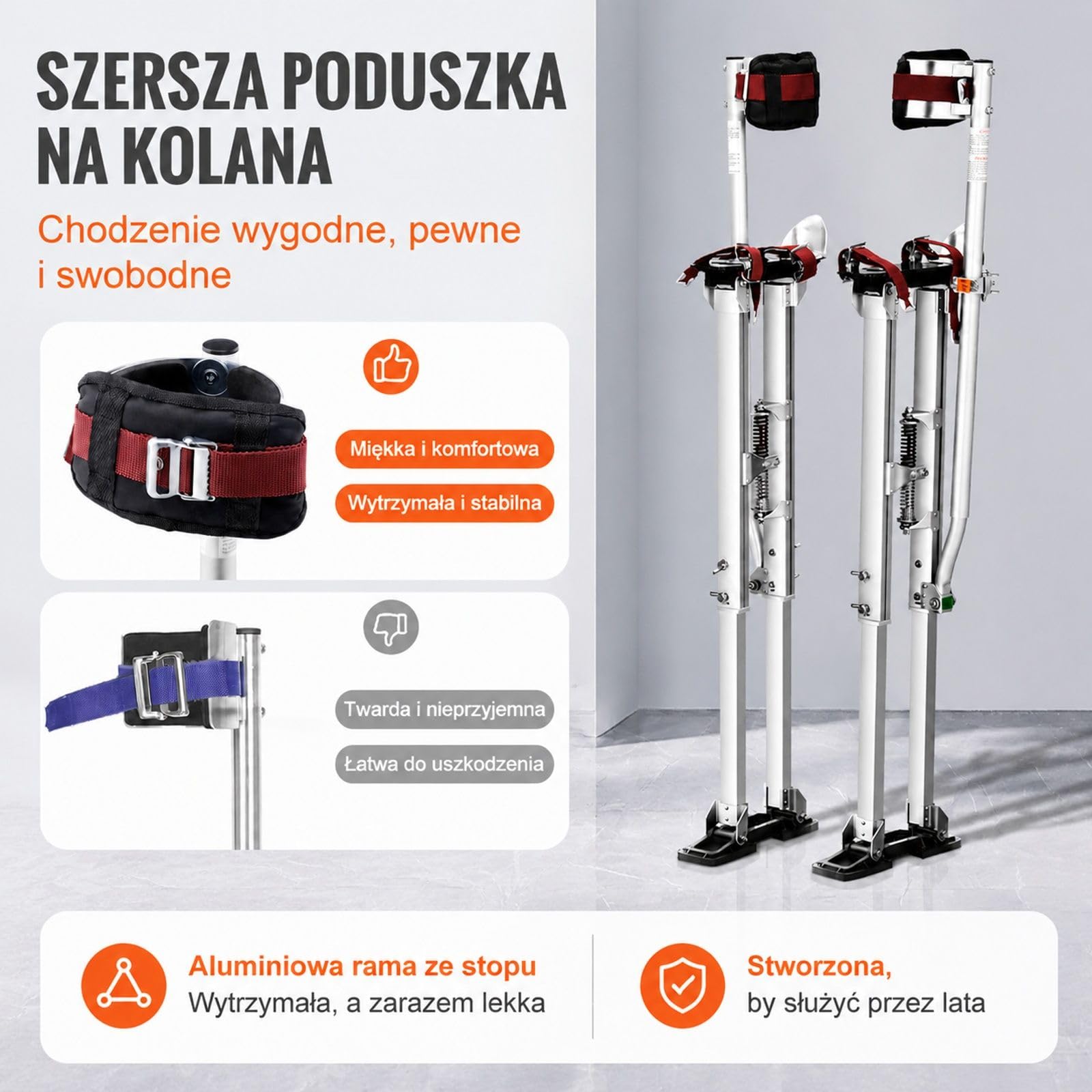 Aluminiowe szczudła robocze z regulowaną wysokością, metalowymi klamrami i teksturowaną gumową stopką, do płyt gipsowo-kartonowych, malowania, konstrukcji sufitu, przycinania drzew i prac