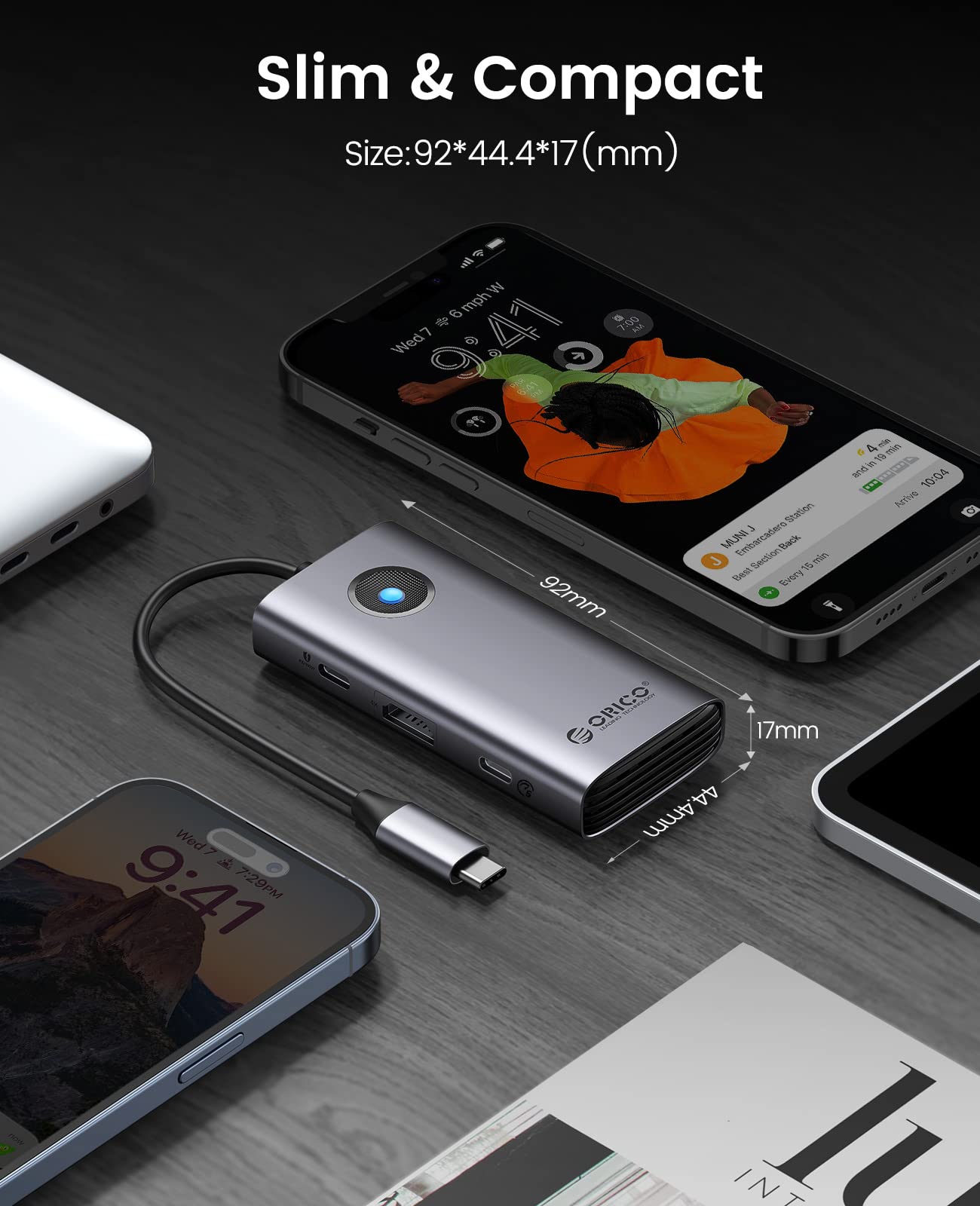 ORICO Stacja dokująca, 6 w 1 USB C Hub Dock z HDMI 4K+PD100W+4×USB3.0, adapter USB 3.0 z wieloma portami do MacBook/Dell/HP/Surface