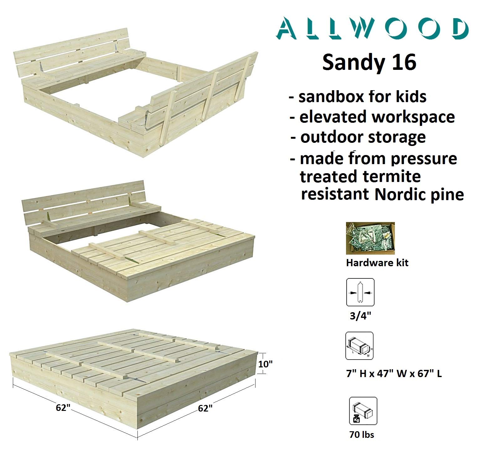 Allwood Sandy 16 Sandbox w/Sand Screen, 2 Foldable Bench Seats
