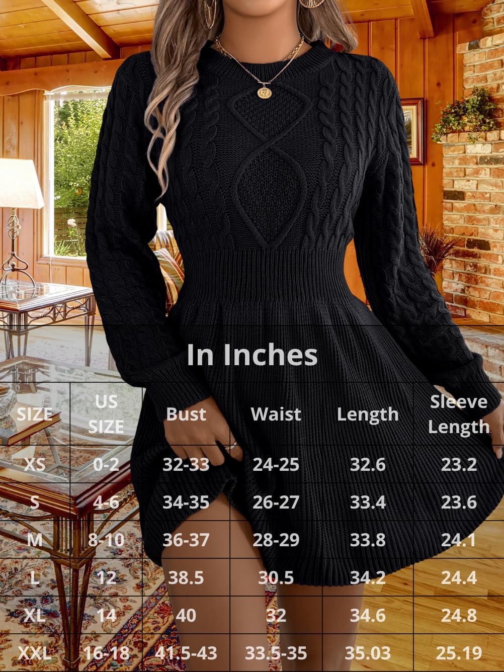 Women's Short Sweater Dress, Cinched Waist Long Sleeve Crewneck Cable Knit Dresses, Fall Winter Casual Outfits - Image 7
