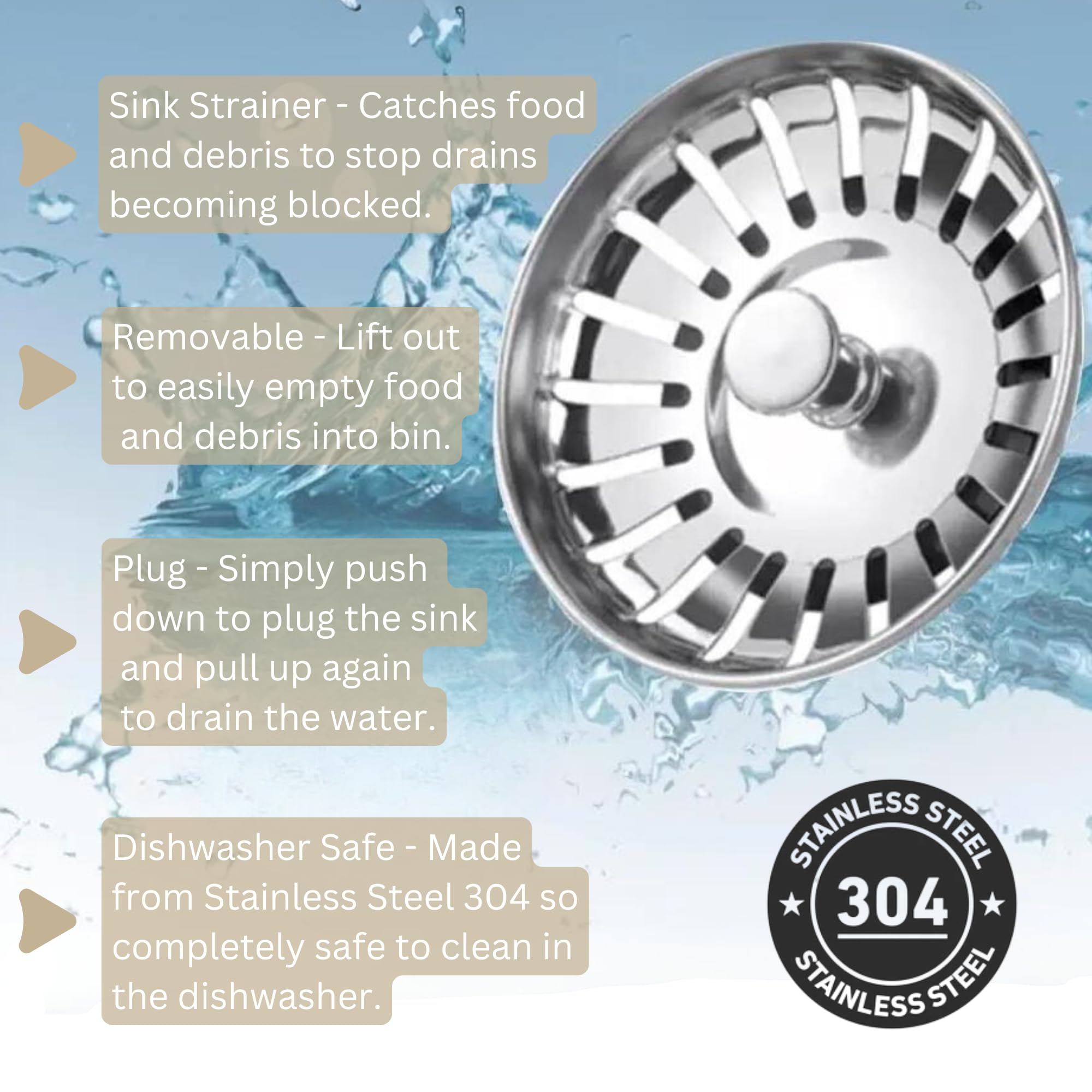 NOBLE SPARES Universal Kitchen Sink Plug & Strainer, Stainless Steel Dual Function with Rubber Seal, Drain Diameter 78-81mm (2) - Image 3