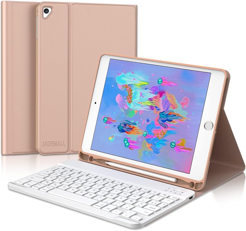 JADEMALL iPad 9.7 Tok AZERTY Bluetooth Billentyűzettel, Mágneses Leválasztható Hüvely, Pink