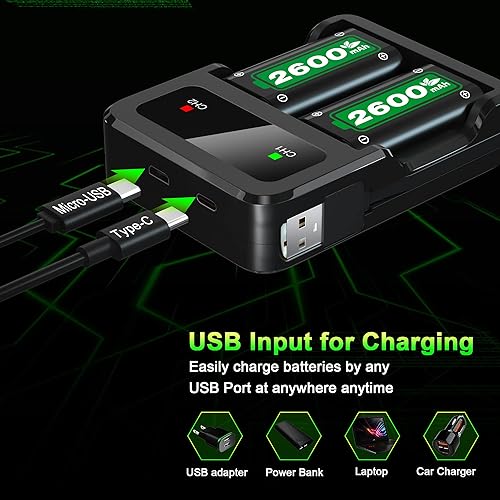 Vista 4 de Ponkor Paquetes de baterías recargables para Xbox Series XSXbox One baterías de 2 x 2600 mAh con estación de carga de alta velocidad para Xbox One