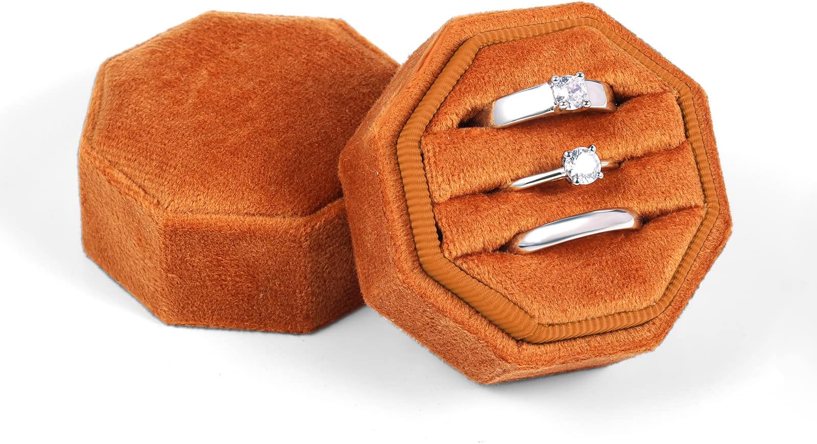 Velvet Ring Box for Wedding Ceremony, Three Slots Octagonal Velvet Jewelry Ring Box for Proposal Engagement Wedding Anniversary Valentines Day for Holding 3 Rings (Burnt Orange)