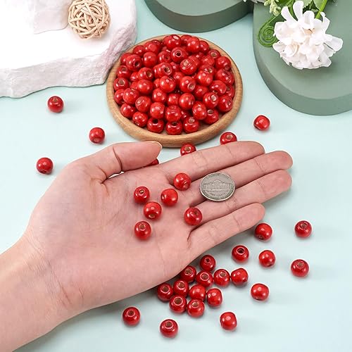 Miniatura 4 de Craftdady 300 cuentas de madera redondas naturales de 0.394 pulgadas (0.394 in), cuentas espaciadoras de bolas de madera roja para fabricación
