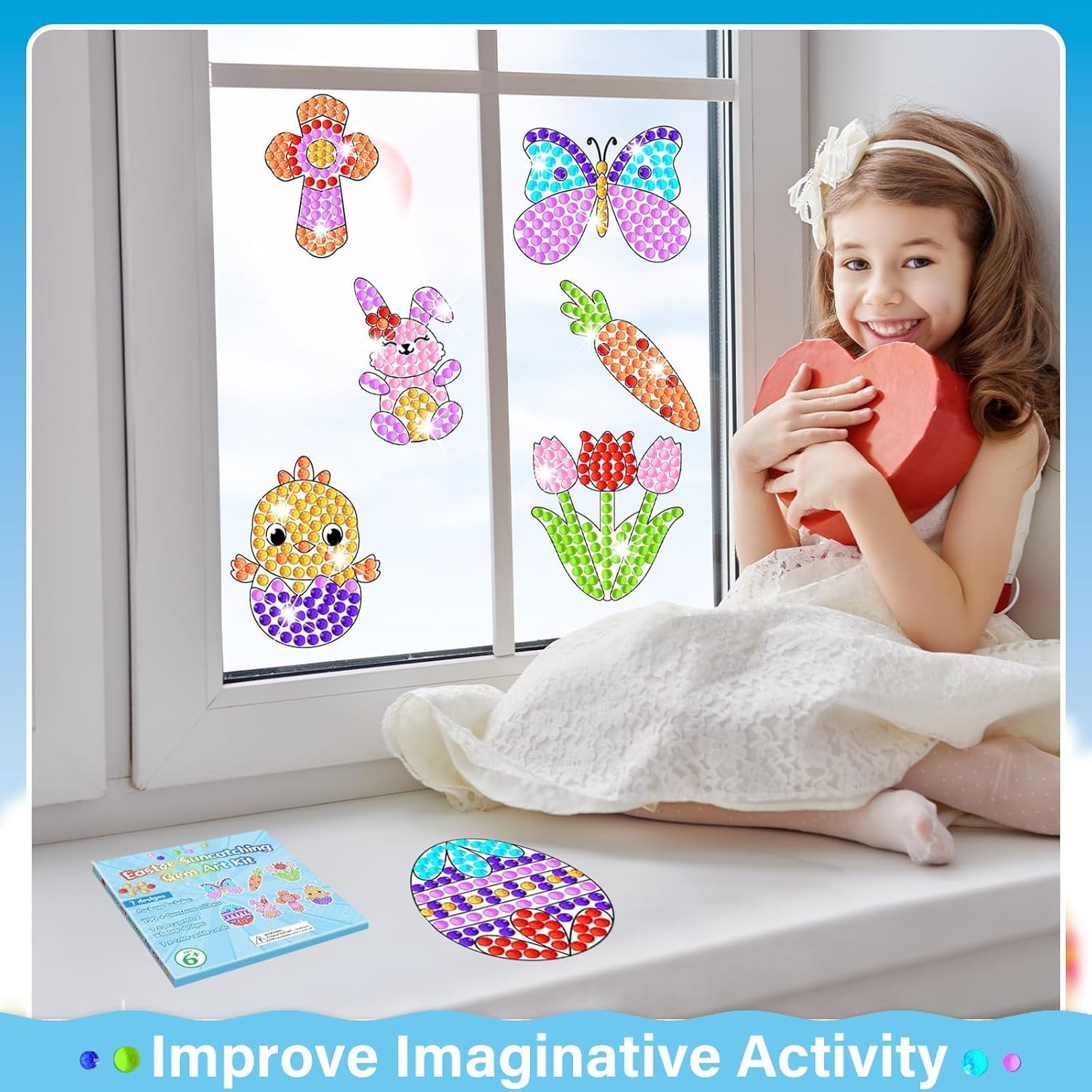 Qyeahkj 7pcs Easter Arts and Crafts Easter Egg Bunny Suncatchers Big Gem Diamond Painting for Kids Spring DIY Stained Glass Arts Crafts Gifts for Boys Girls Ages 4-8-12 Home School Window Decor