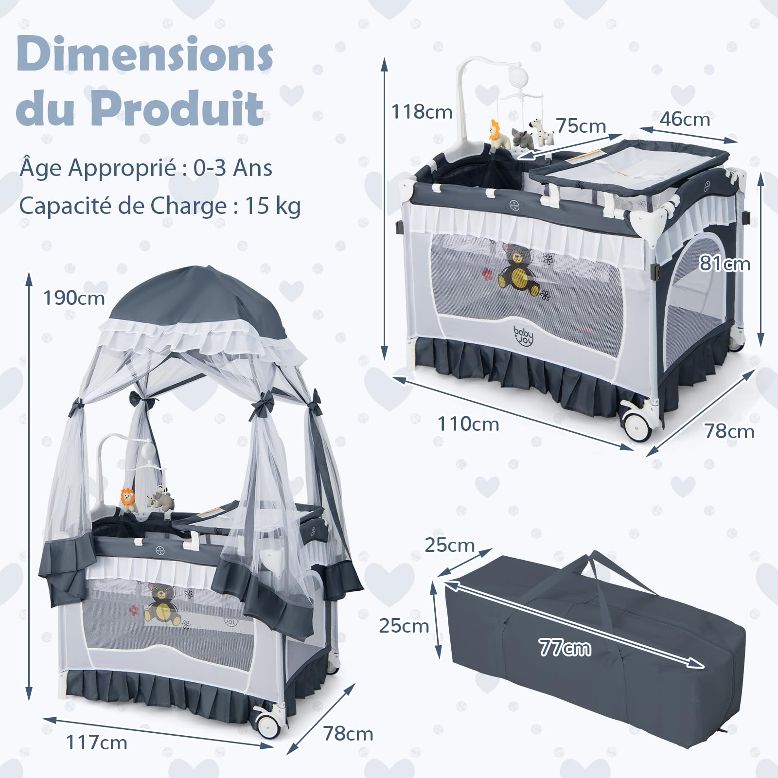 DREAMADE 4 en 1 Lit Parapluie Bébé 117X78X190CM avec Matelas&Moustiquaire,Lit de Voyage Bébé 0-3Ans avec Table à Langer,Roues avec Frein,Jouet Suspendues (Gris)