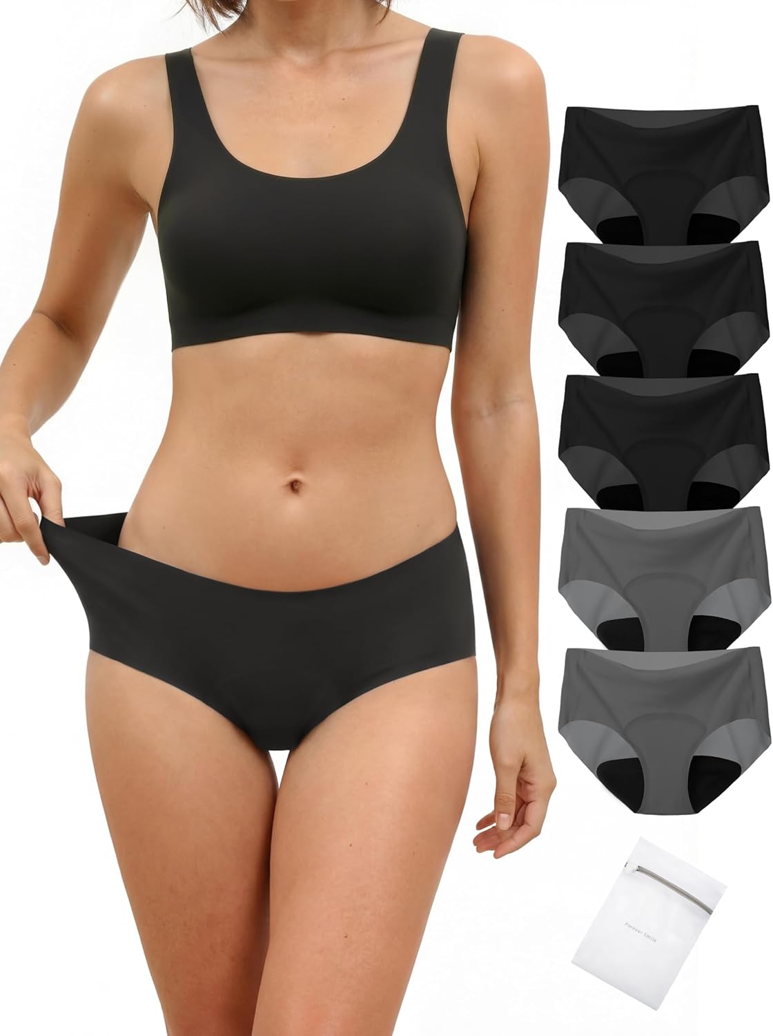 TIICHOO Seamless Period Underwear for Women Lightweight No Show Period Panties with Laundry Bag 5-Pack